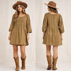 Solitaire Boho Embroidered Babydoll Dress Caramel Olive Medium